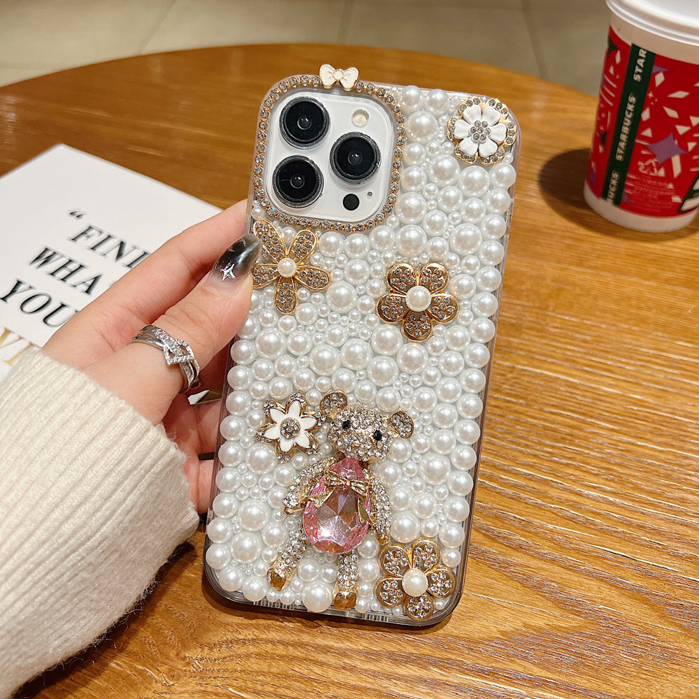 Handmade Decorative Pearl and Diamond Bear Phone Case