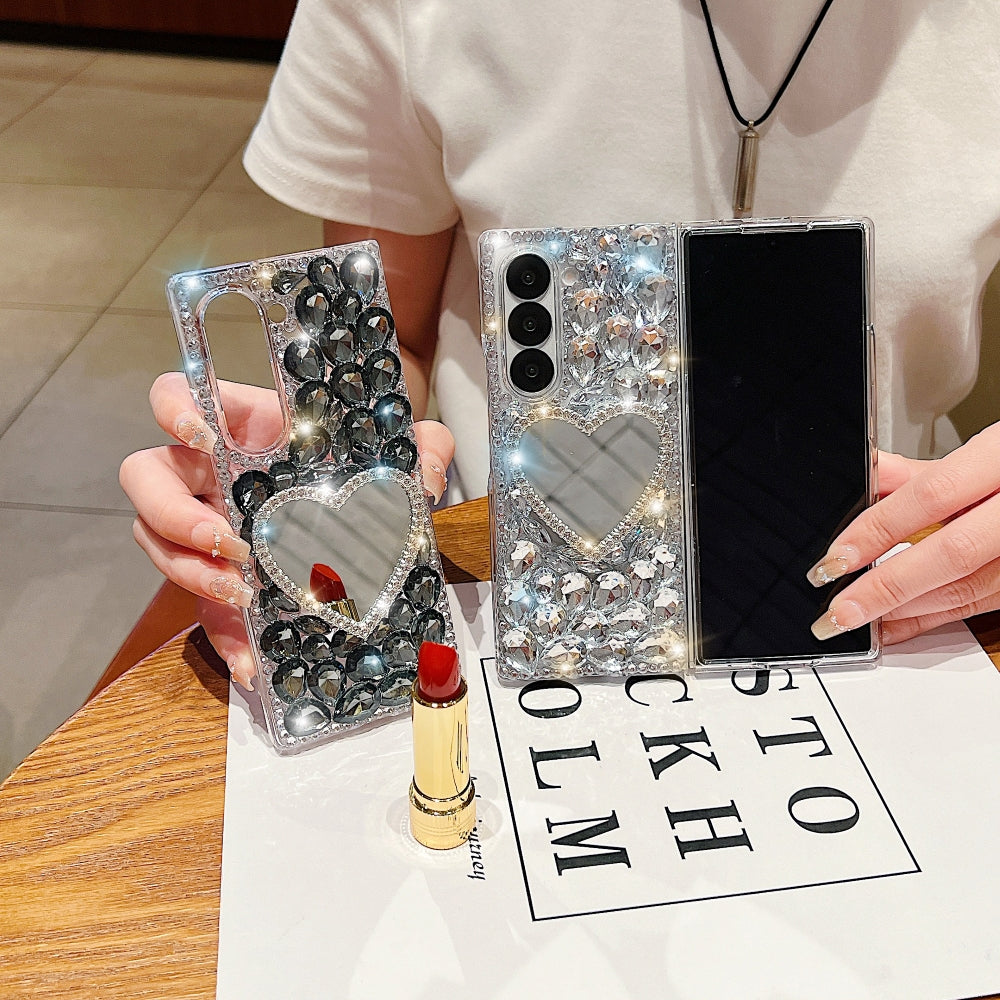 Heart shaped Makeup Mirror Diamond TPU (Soft) Phone Case | Mobile Cover - Samsung Z Fold 5