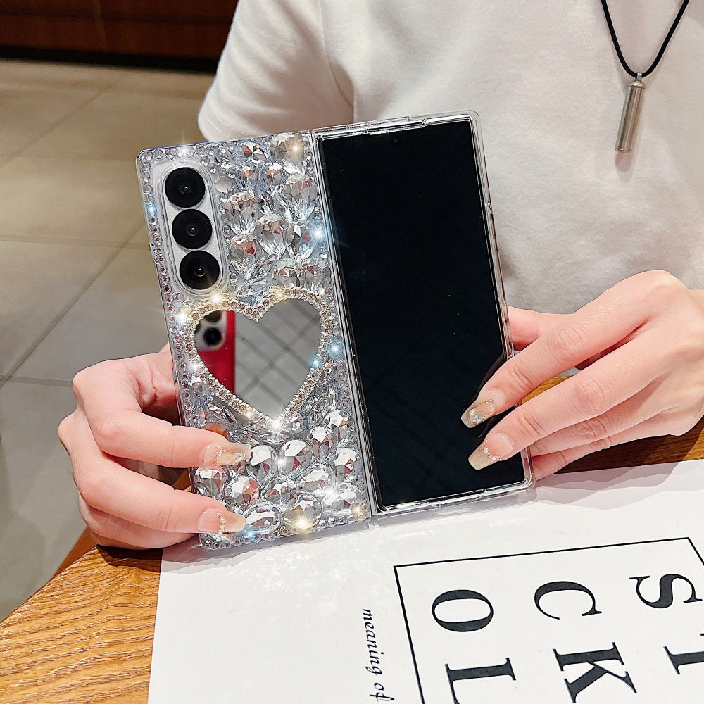 Heart shaped Makeup Mirror Diamond TPU (Soft) Phone Case | Mobile Cover - Samsung Z Fold 5