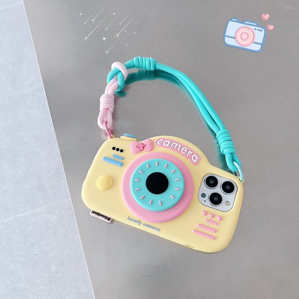Retro Camera Shape Stand Phone Case With Lanyard Strap