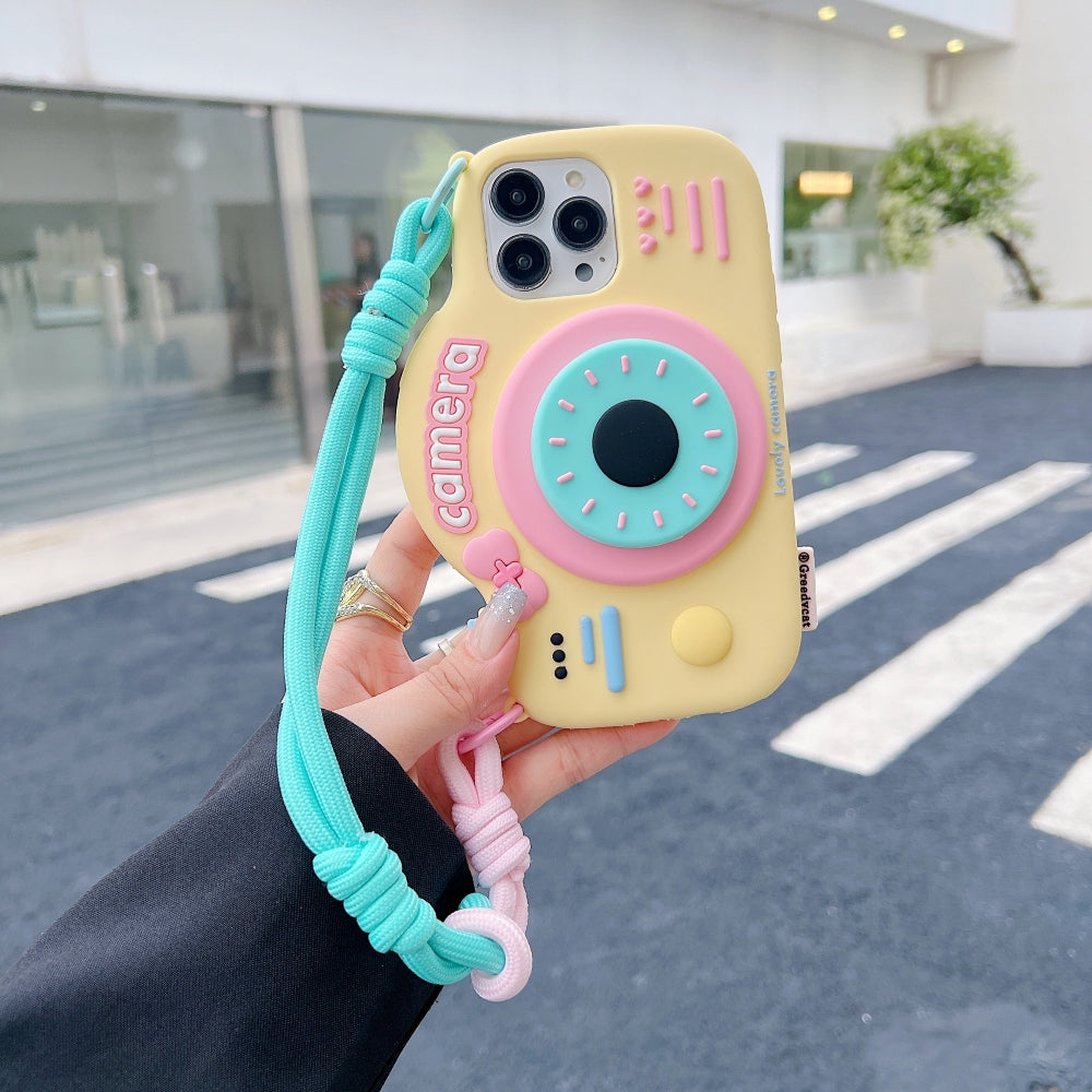 Retro Camera Shape Stand Phone Case With Lanyard Strap