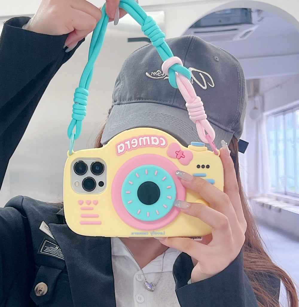 Retro Camera Shape Stand Phone Case With Lanyard Strap