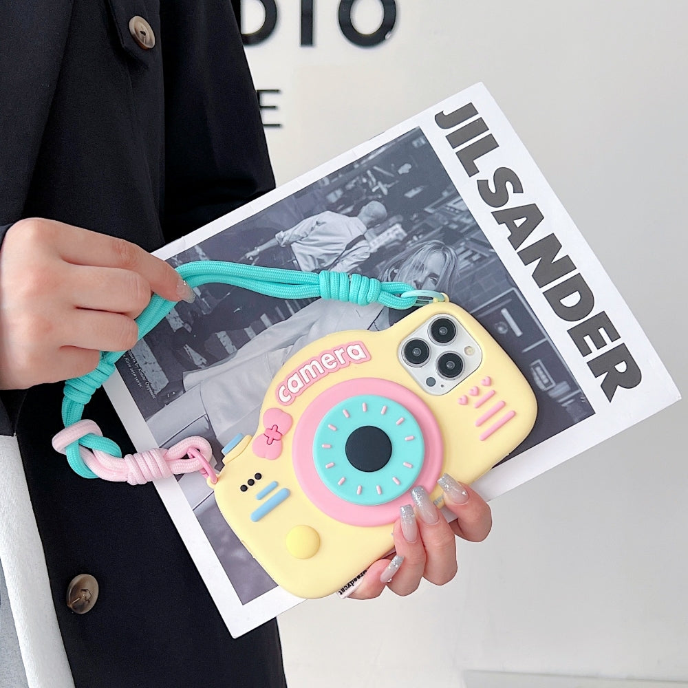 Retro Camera Shape Stand Phone Case With Lanyard Strap