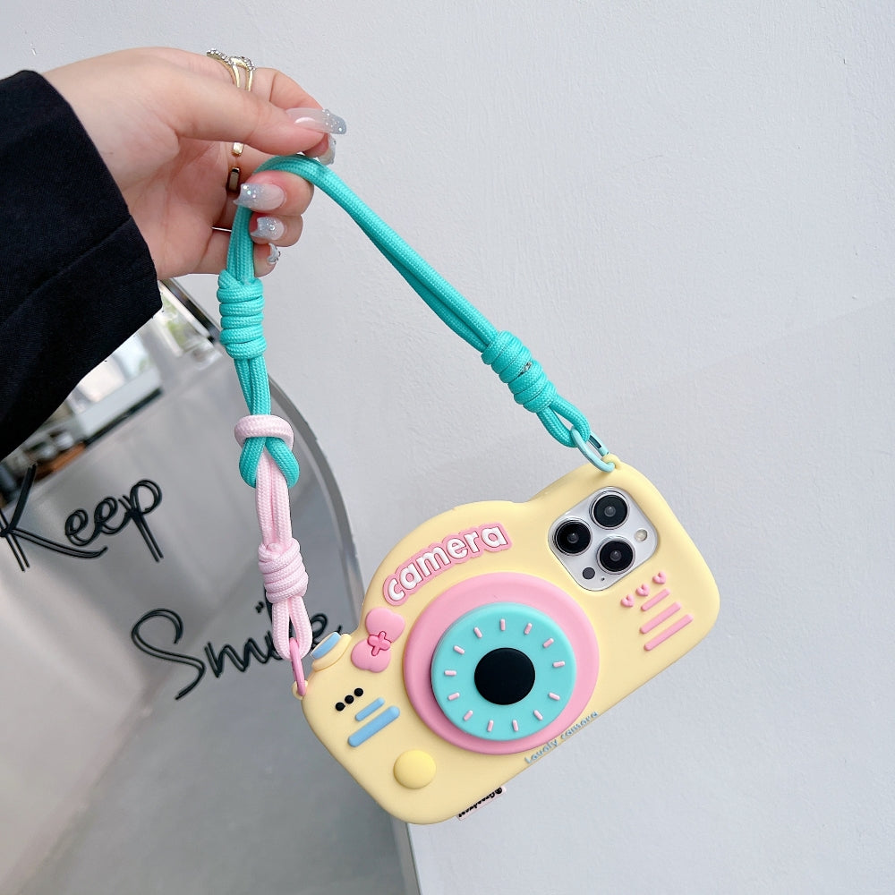 Retro Camera Shape Stand Phone Case With Lanyard Strap
