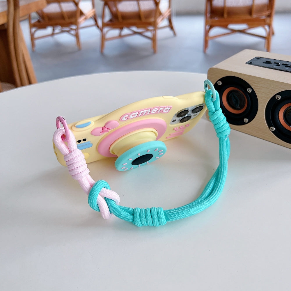 Retro Camera Shape Stand Phone Case With Lanyard Strap