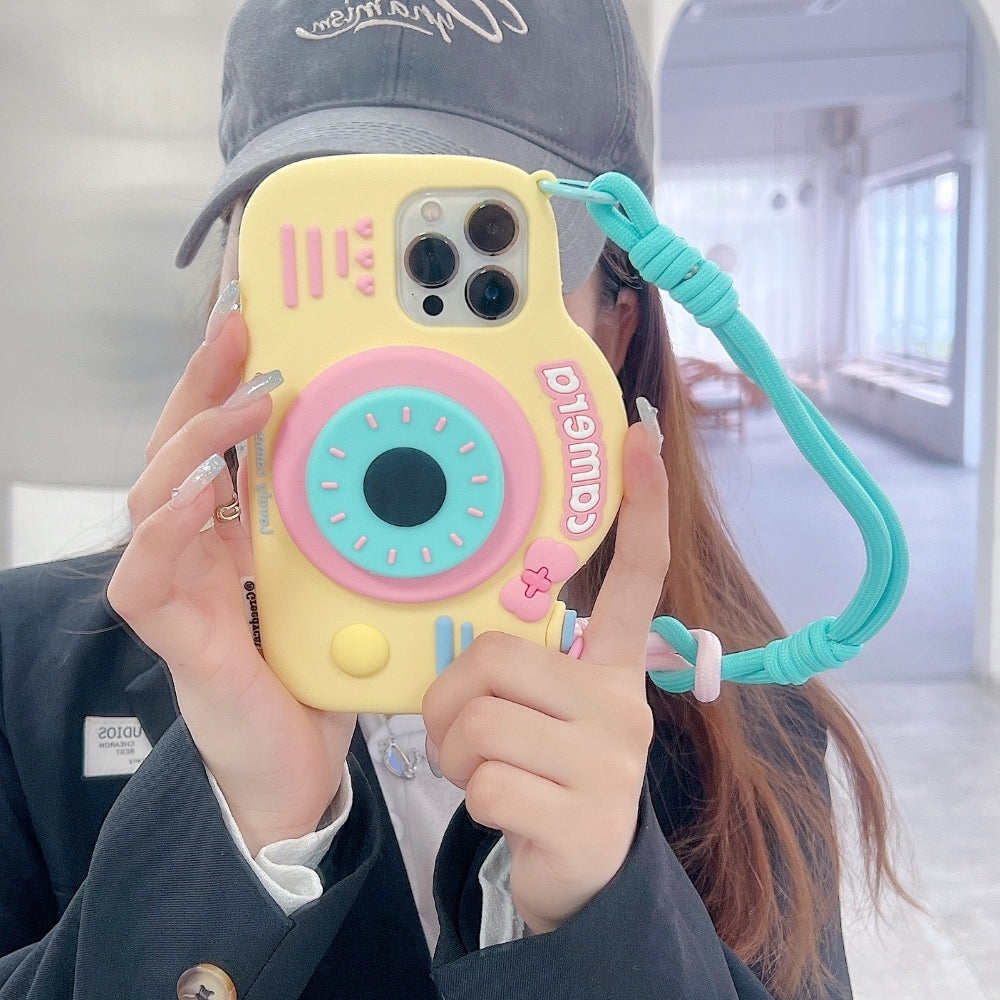 Retro Camera Shape Stand Phone Case With Lanyard Strap
