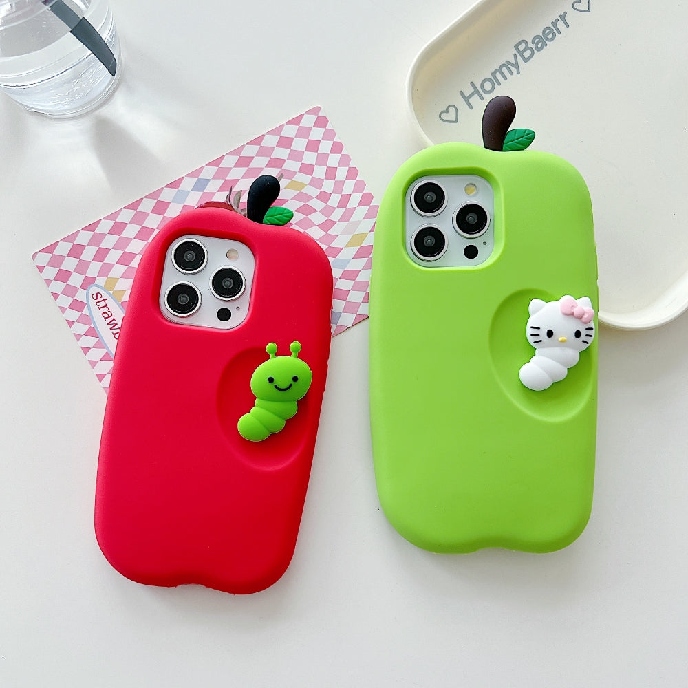 3D Caterpillar and Kitty Apple Design Silicone Phone Case