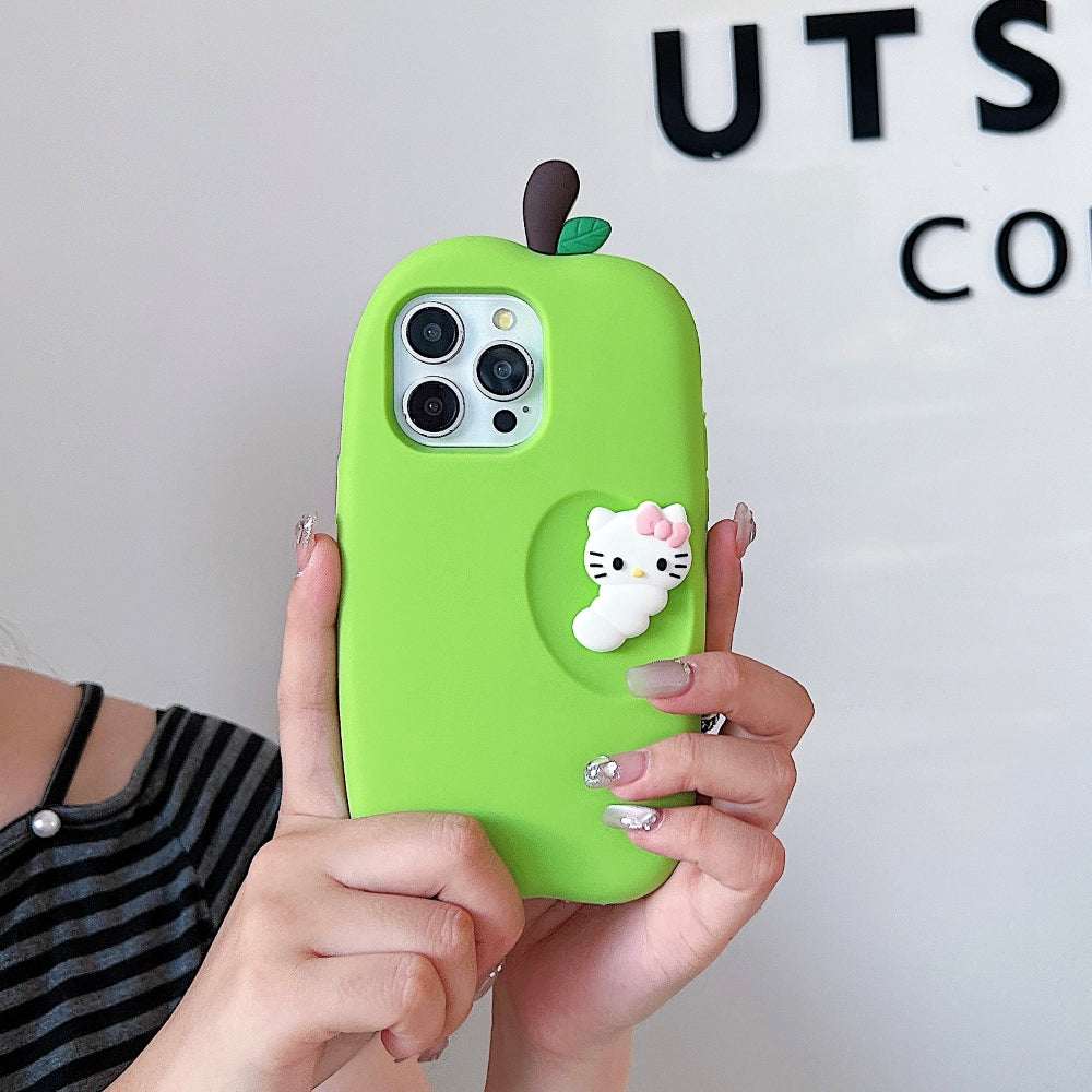 3D Caterpillar and Kitty Apple Design Silicone Phone Case