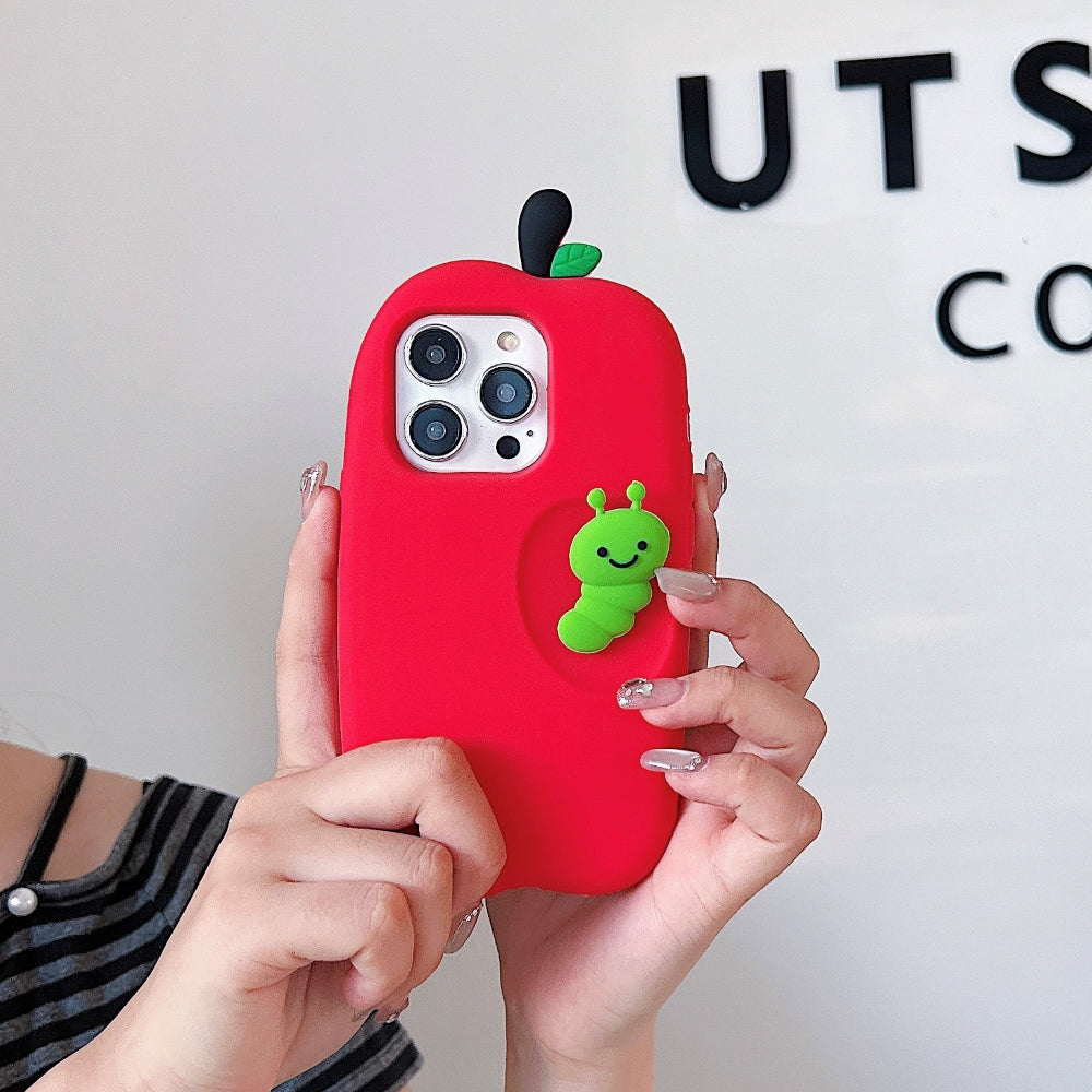 3D Caterpillar and Kitty Apple Design Silicone Phone Case