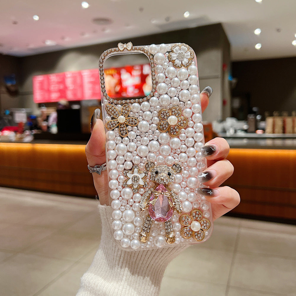 Handmade Decorative Pearl and Diamond Bear Phone Case