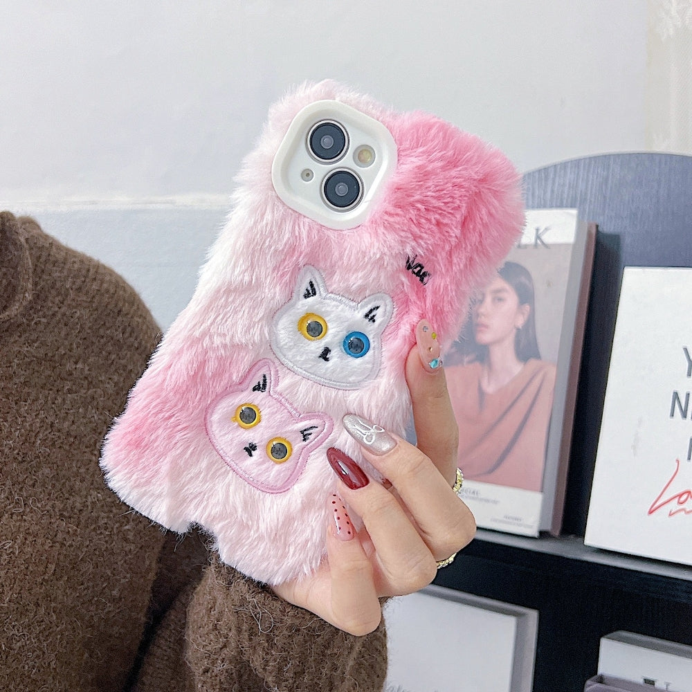 Warm Fluffy Furry Cat Embroided Camera Protection Phone Case