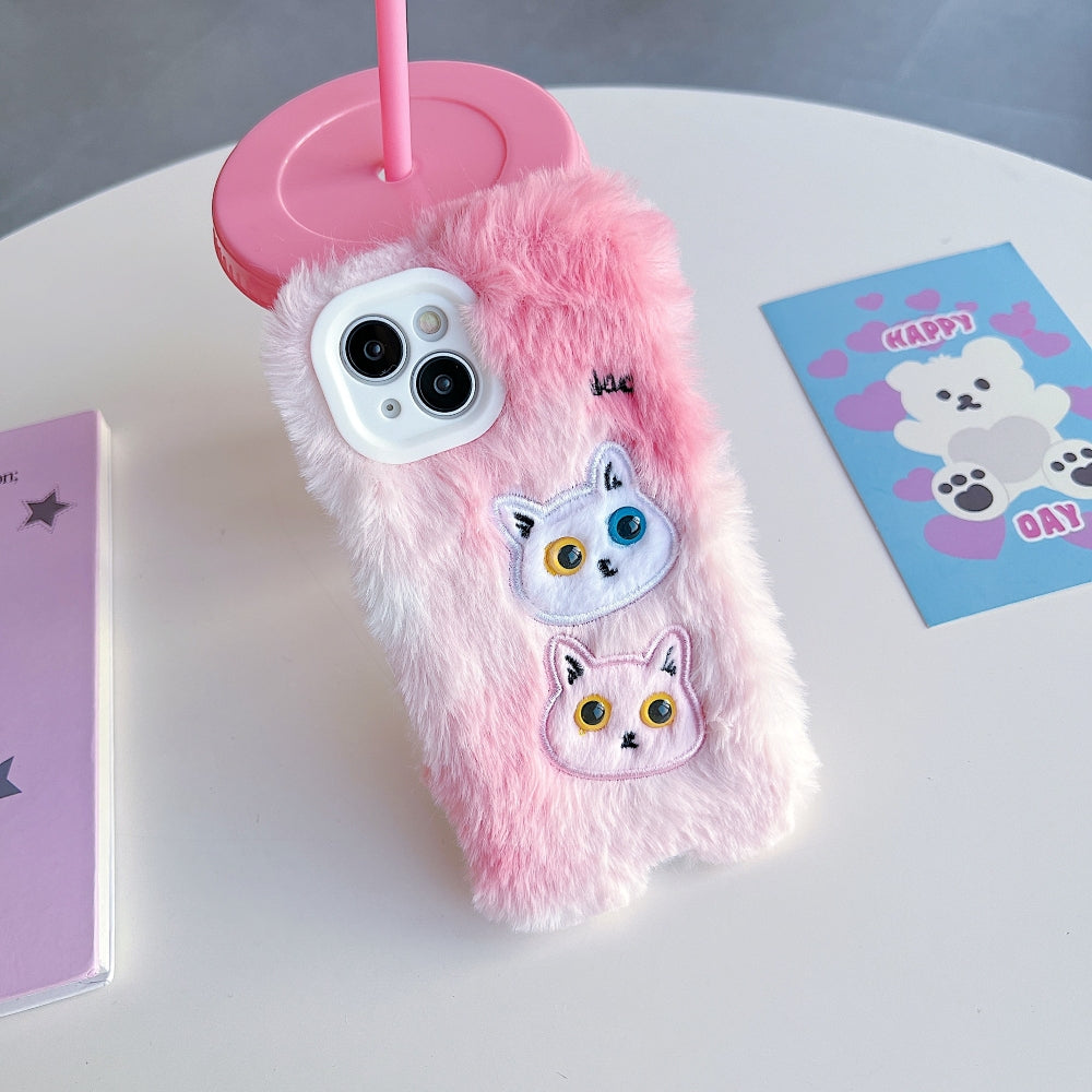 Warm Fluffy Furry Cat Embroided Camera Protection Phone Case