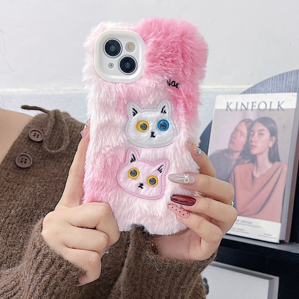 Warm Fluffy Furry Cat Embroided Camera Protection Phone Case