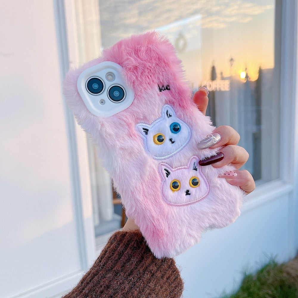 Warm Fluffy Furry Cat Embroided Camera Protection Phone Case